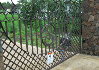 Detail of a metal gate with S design, mesh and swirls