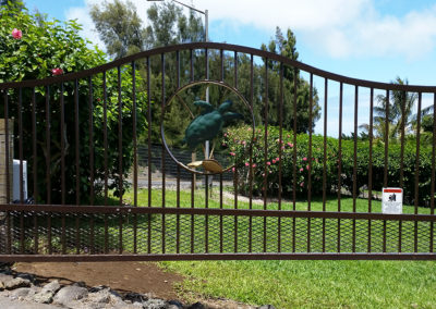 Brown residential gate with green sea turtle motif in the center.